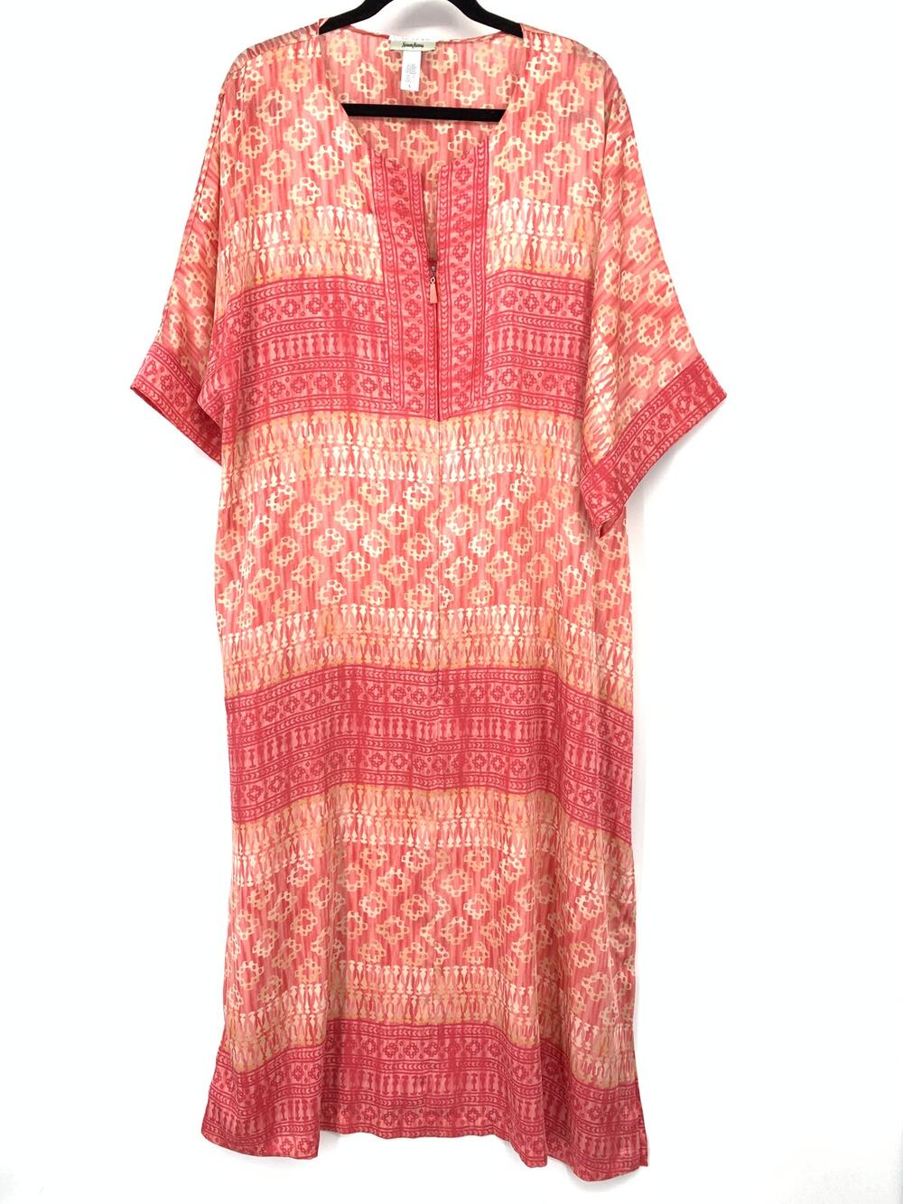 Oscar de la Renta Caftan Womens L Coral Pink Border Print Maxi Hostess Dress